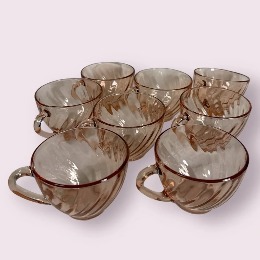 Vintage Arcoroc France French Pink Swirl Rosaline Teacups Set of 8